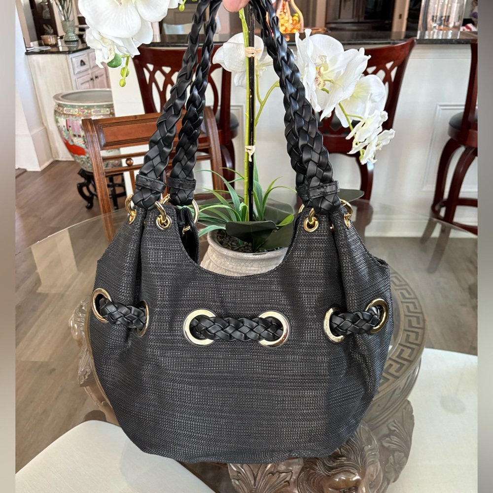 🖤🖤MICHAEL KORS LARGE BLACK BRAIDED LEATHER & SOFT STRAW SHOULDER/TOTE BAG! 🖤🖤 - Picture 2 of 9